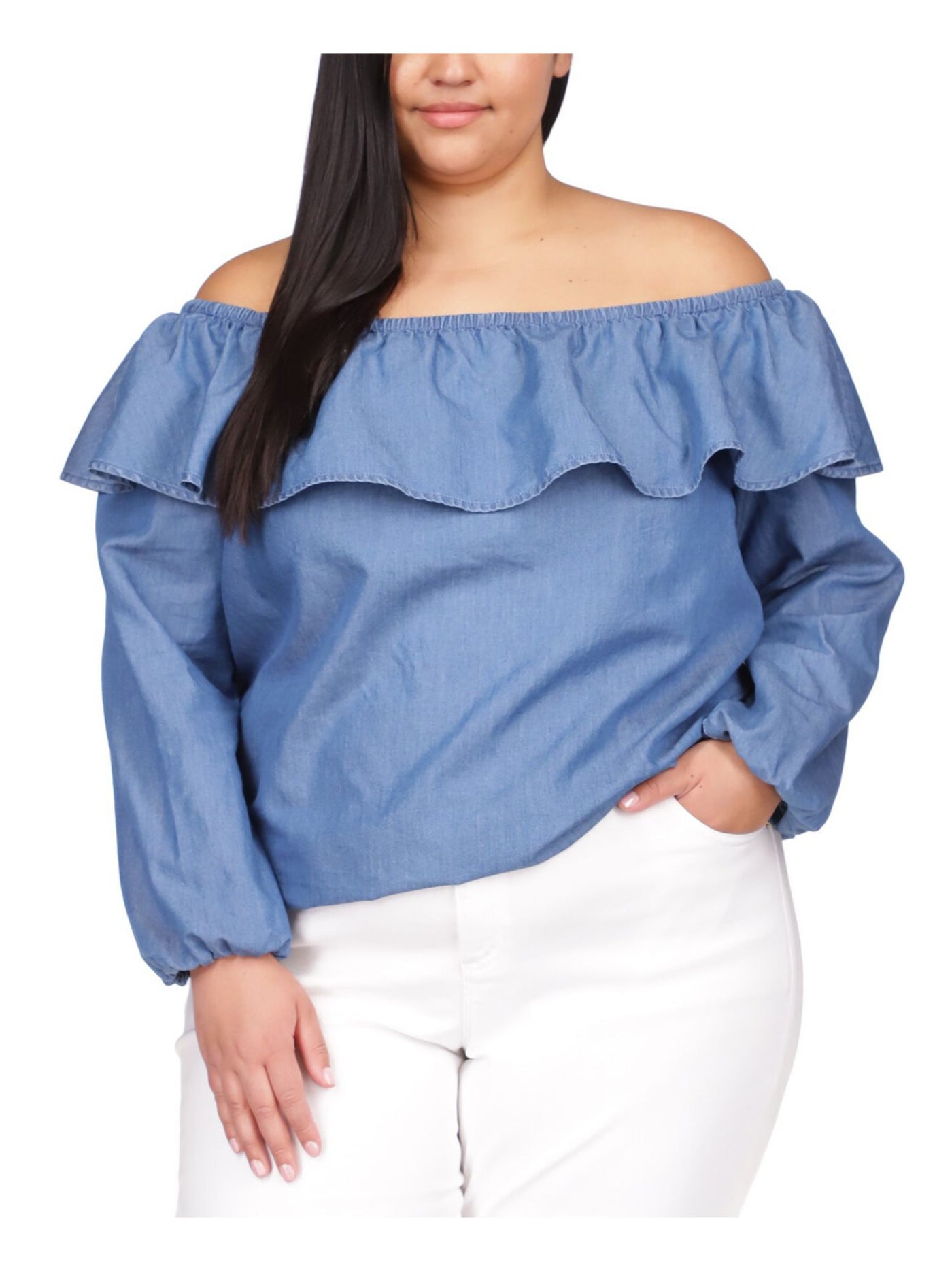 MICHAEL MICHAEL KORS Womens Blue Ruffled Long Sleeve Off Shoulder Top 3X