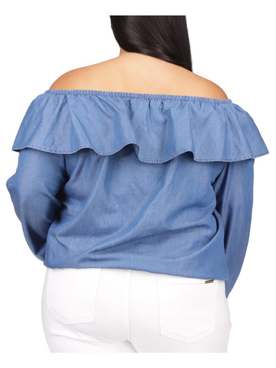 MICHAEL MICHAEL KORS Womens Blue Ruffled Long Sleeve Off Shoulder Top Plus 1X