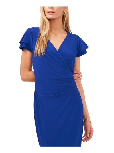 MSK Womens Blue Ruched Lined Pullover Flutter Sleeve Surplice Neckline Above The Knee Wear To Work Sheath Dress M