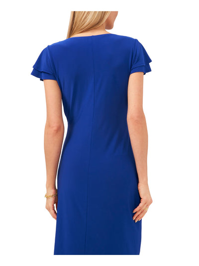 MSK Womens Blue Ruched Lined Pullover Flutter Sleeve Surplice Neckline Above The Knee Wear To Work Sheath Dress M