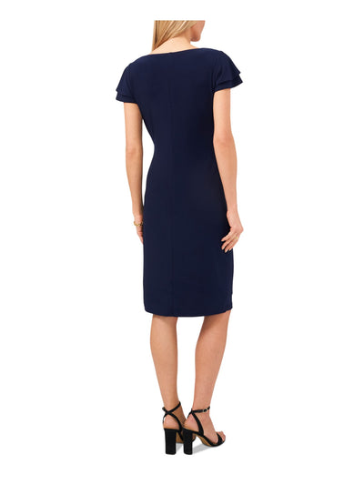 MSK Womens Navy Jersey Ruched Pullover Tiered Flutter Sleeve Surplice Neckline Above The Knee Cocktail Sheath Dress S
