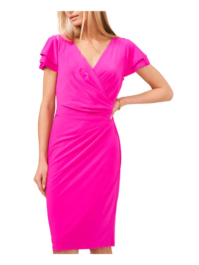 MSK Womens Pink Jersey Ruched Lined Pullover Tiered Flutter Sleeve Surplice Neckline Above The Knee Wear To Work Sheath Dress M