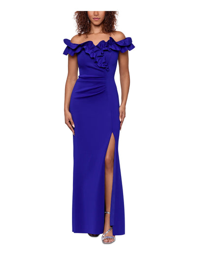 XSCAPE Womens Blue Ruffled Lined Boning Zippered slitted Flutter Sleeve Off Shoulder Full-Length Evening Gown Dress 12