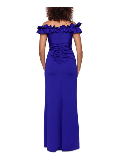 XSCAPE Womens Blue Ruffled Lined Boning Zippered slitted Flutter Sleeve Off Shoulder Full-Length Evening Gown Dress 6