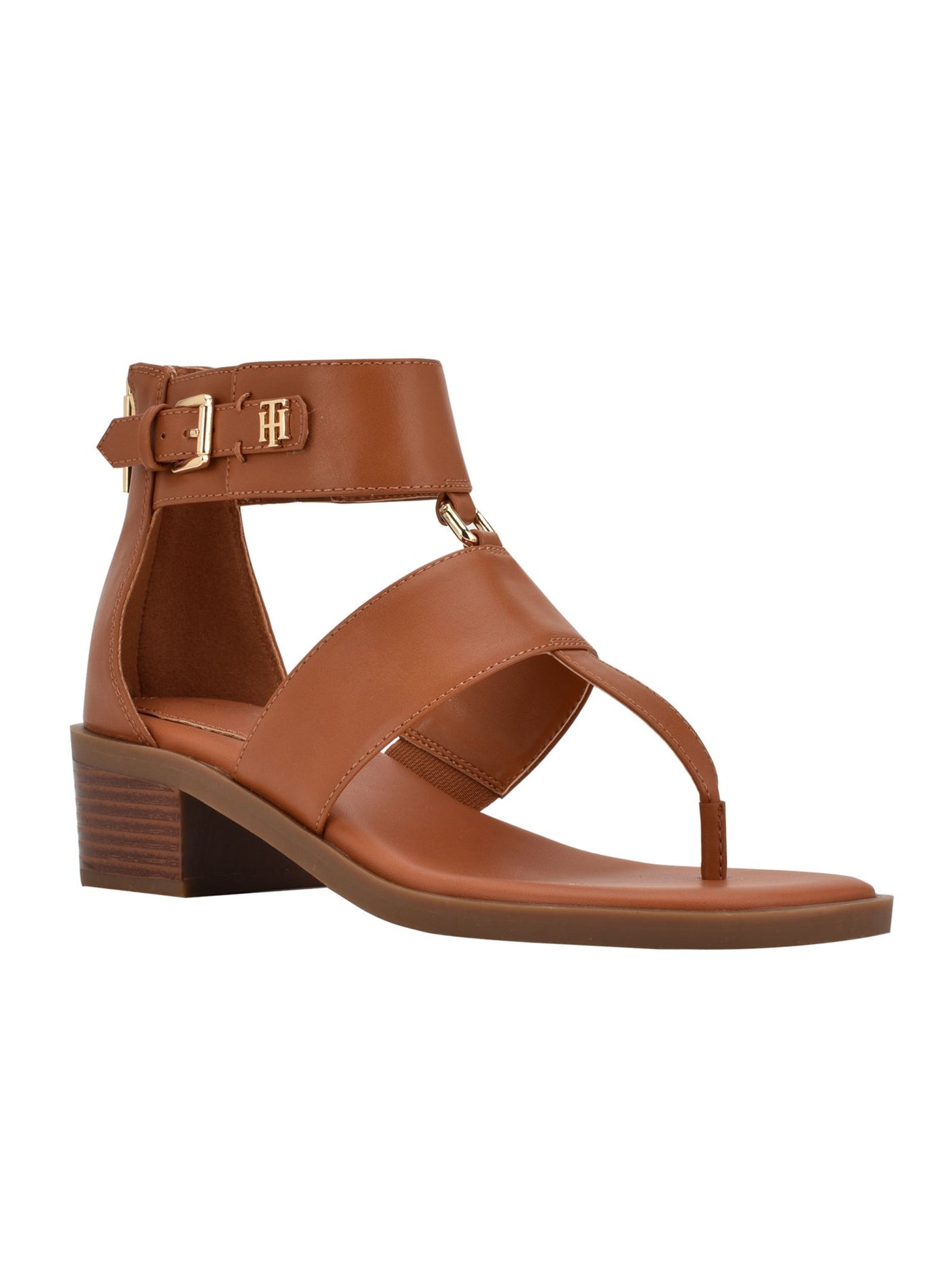 TOMMY HILFIGER Womens Brown T-Strap Padded Ankle Strap Buckle Accent Obell Open Toe Block Heel Zip-Up Heeled Sandal 6 M