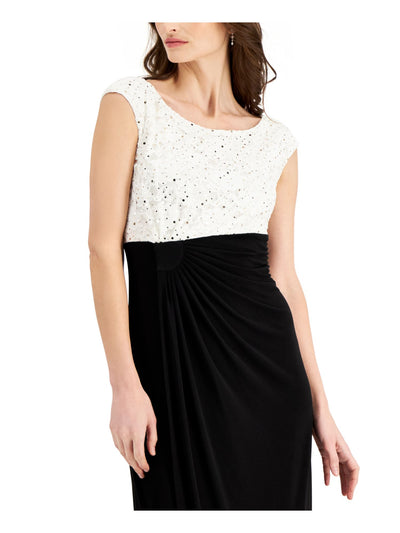 CONNECTED APPAREL Womens Black Sequined Floral Sleeveless Round Neck Tea-Length Sheath Dress 4
