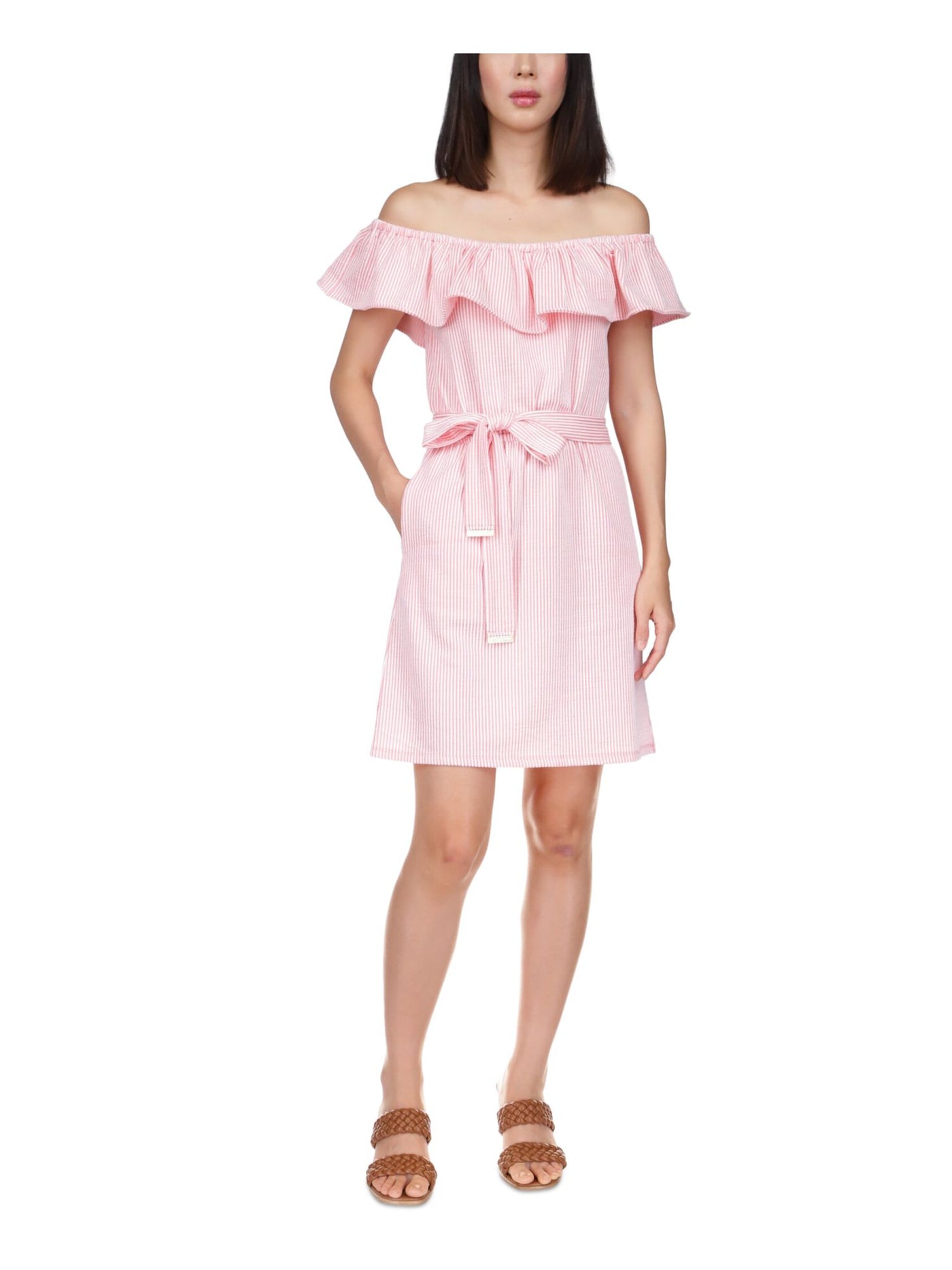 MICHAEL KORS Womens Pink Pocketed Textured Tie Waist Unlined Ruffled Striped Short Sleeve Off Shoulder Above The Knee Sheath Dress L