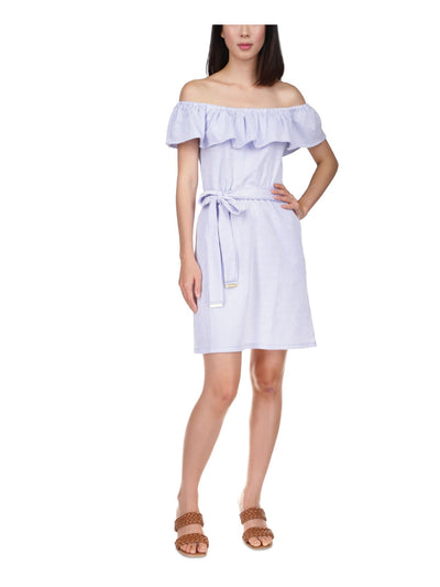 MICHAEL MICHAEL KORS Womens Light Blue Ruffled Belted Elastic Waist Striped Flutter Sleeve Off Shoulder Short Party Sheath Dress S