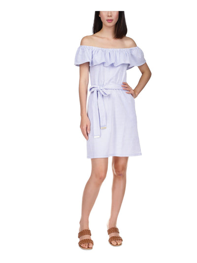MICHAEL KORS Womens Blue Pocketed Textured Tie Waist Unlined Ruffled Striped Short Sleeve Off Shoulder Above The Knee Sheath Dress XS