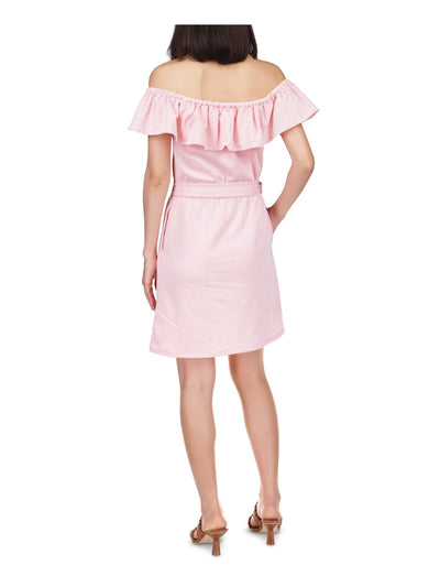 MICHAEL MICHAEL KORS Womens Coral Pocketed Textured Tie Waist Unlined Ruffled Striped Short Sleeve Off Shoulder Above The Knee Sheath Dress XS