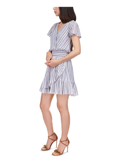 MICHAEL MICHAEL KORS Womens Blue Smocked Ruffled Pullover Lined Striped Flutter Sleeve Surplice Neckline Short Party Faux Wrap Dress XS