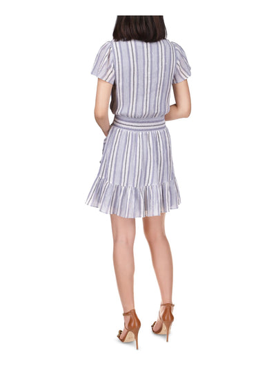 MICHAEL MICHAEL KORS Womens Blue Smocked Ruffled Pullover Lined Striped Flutter Sleeve Surplice Neckline Short Party Faux Wrap Dress XS