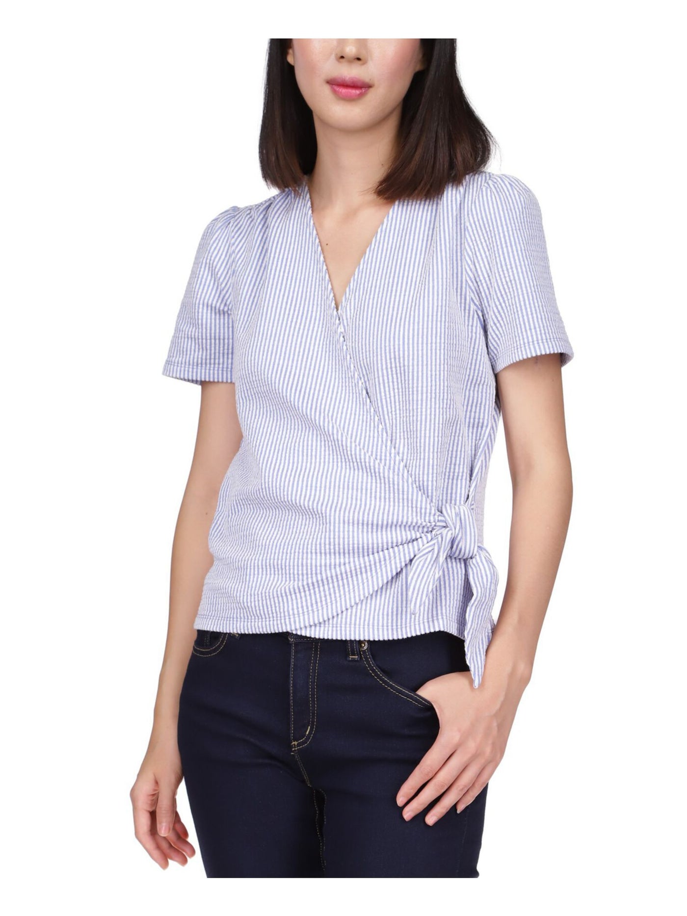 MICHAEL MICHAEL KORS Womens Blue Gathered Ties At Side Striped Short Sleeve V Neck Wear To Work Faux Wrap Top Petites P\L