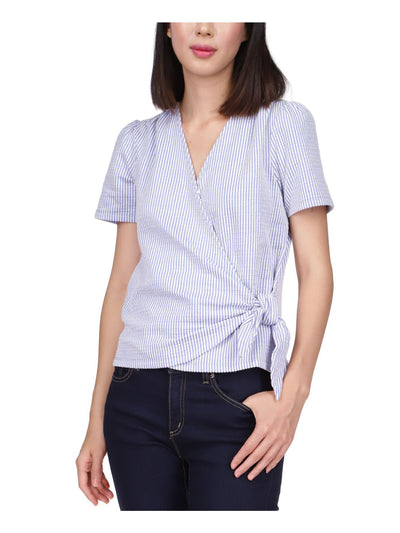 MICHAEL KORS Womens Blue Gathered Ties At Side Striped Short Sleeve V Neck Wear To Work Faux Wrap Top Petites P\L