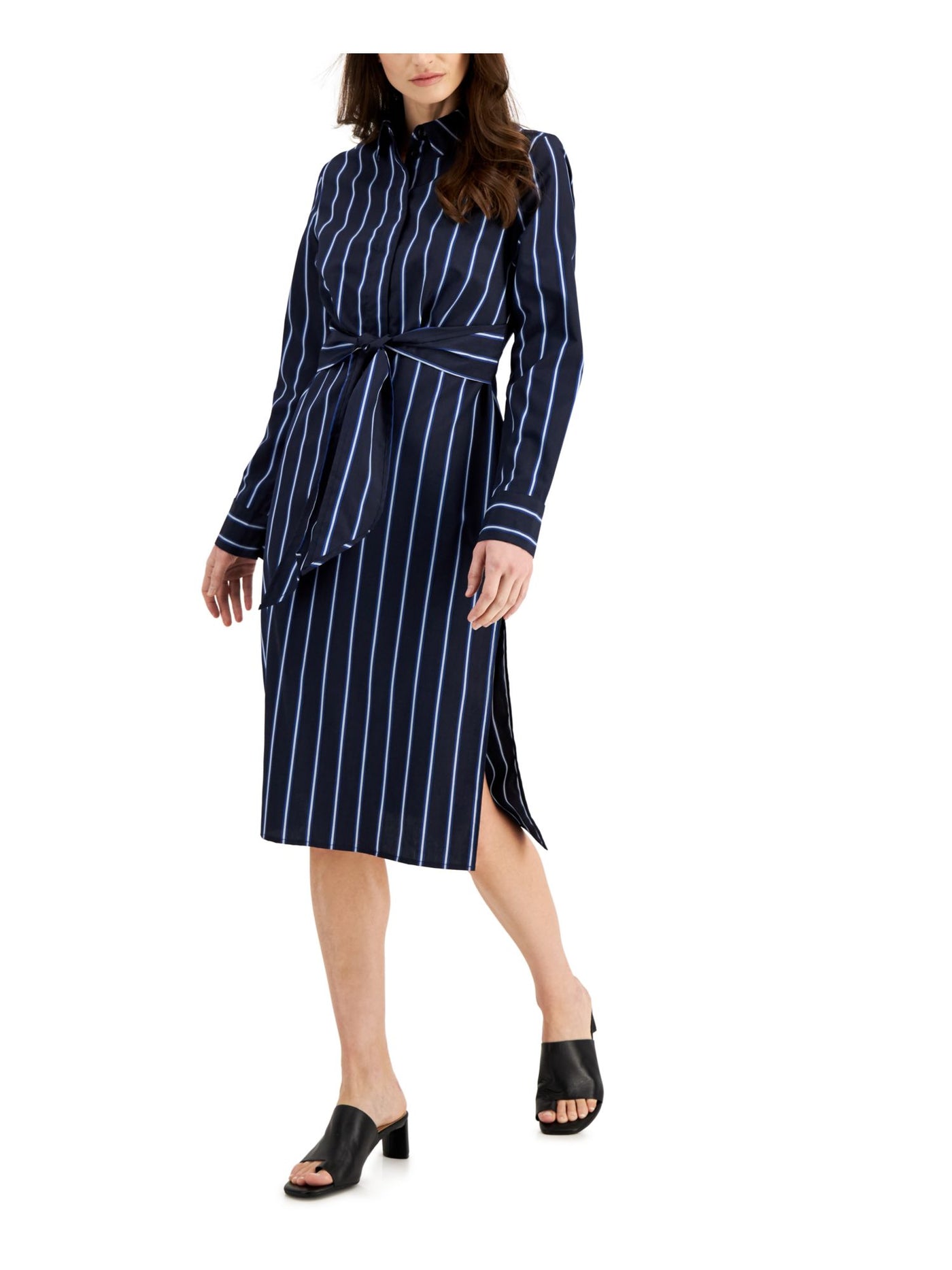 DONNA KARAN NEW YORK Womens Navy Zippered Unlined Tie Belt Slit Sides Button Top Striped Cuffed Sleeve Collared Midi Shirt Dress 2