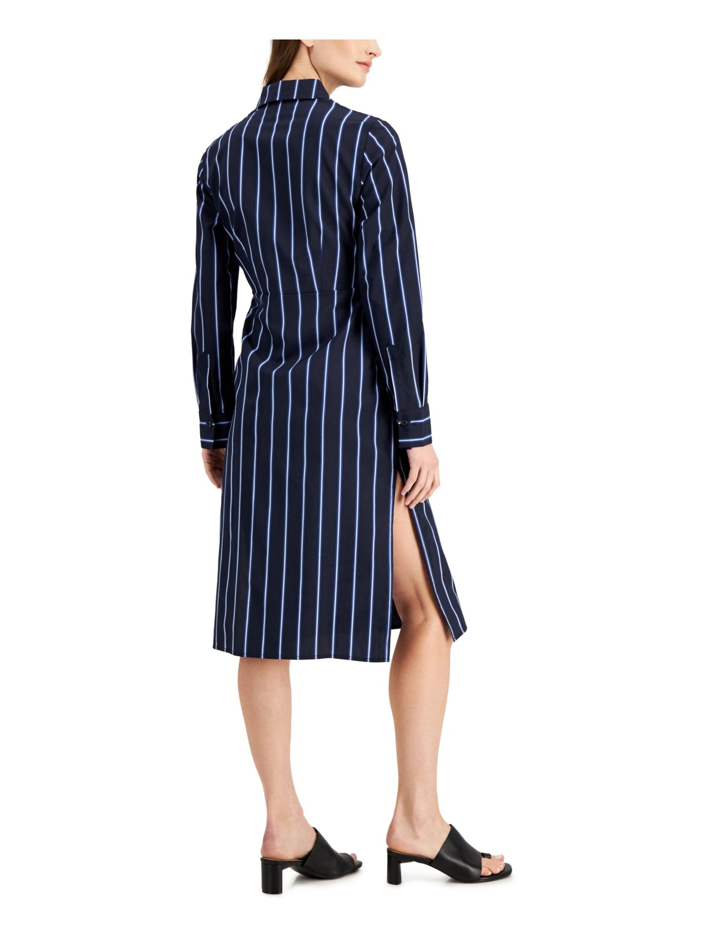 DONNA KARAN NEW YORK Womens Navy Zippered Unlined Tie Belt Slit Sides Button Top Striped Cuffed Sleeve Collared Midi Shirt Dress 2