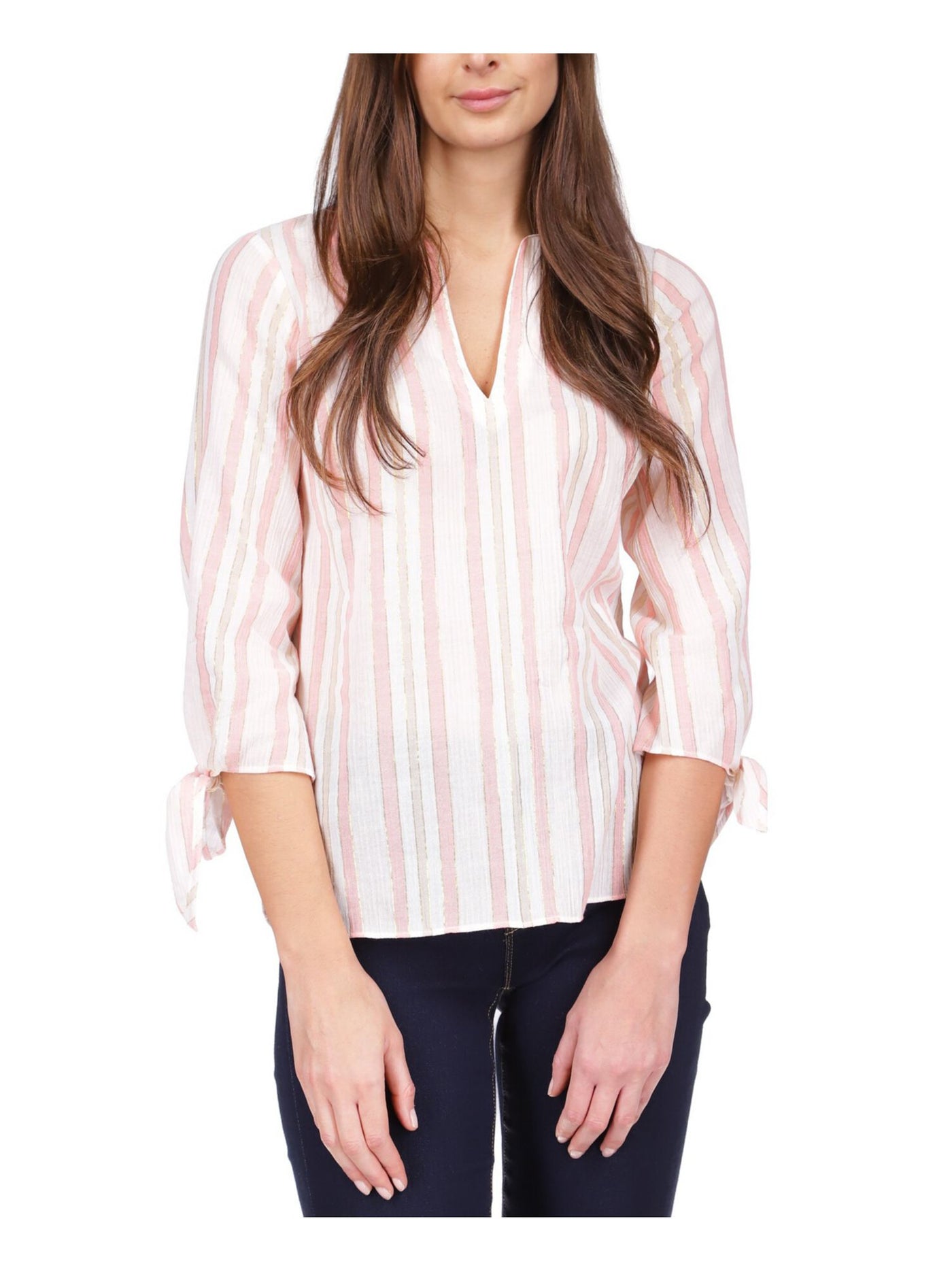 MICHAEL KORS Womens Pink Sheer Tie Cuffs Unlined Round Hem Striped 3/4 Sleeve V Neck Top XS