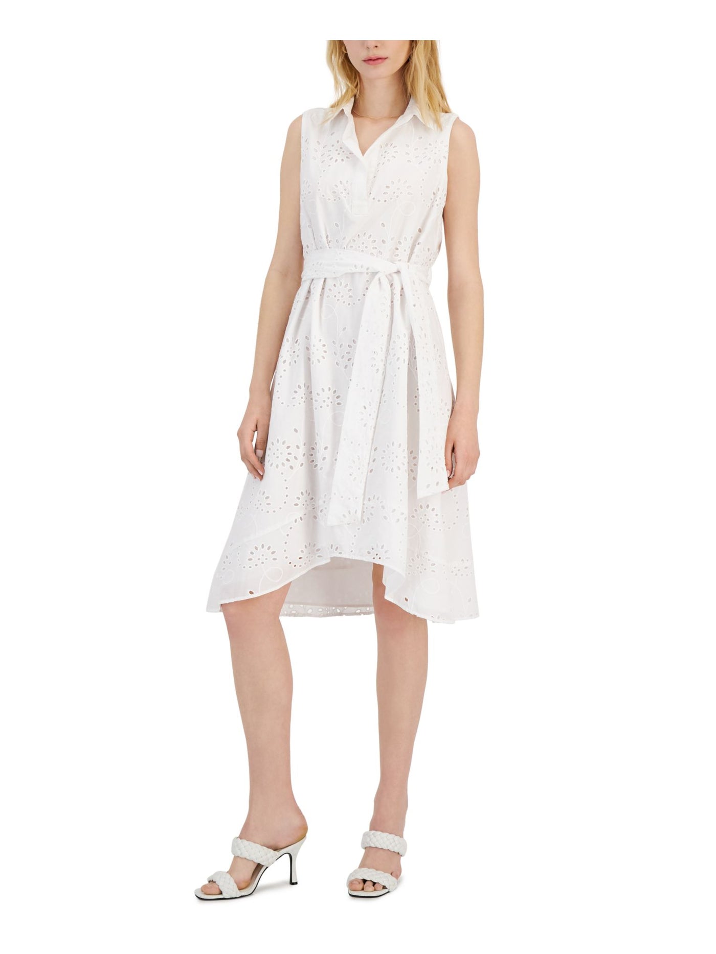 DONNA KARAN NEW YORK Womens White Eyelet Lined Tie Belt Asymmetrical Hem Sleeveless Collared Knee Length Fit + Flare Dress 2