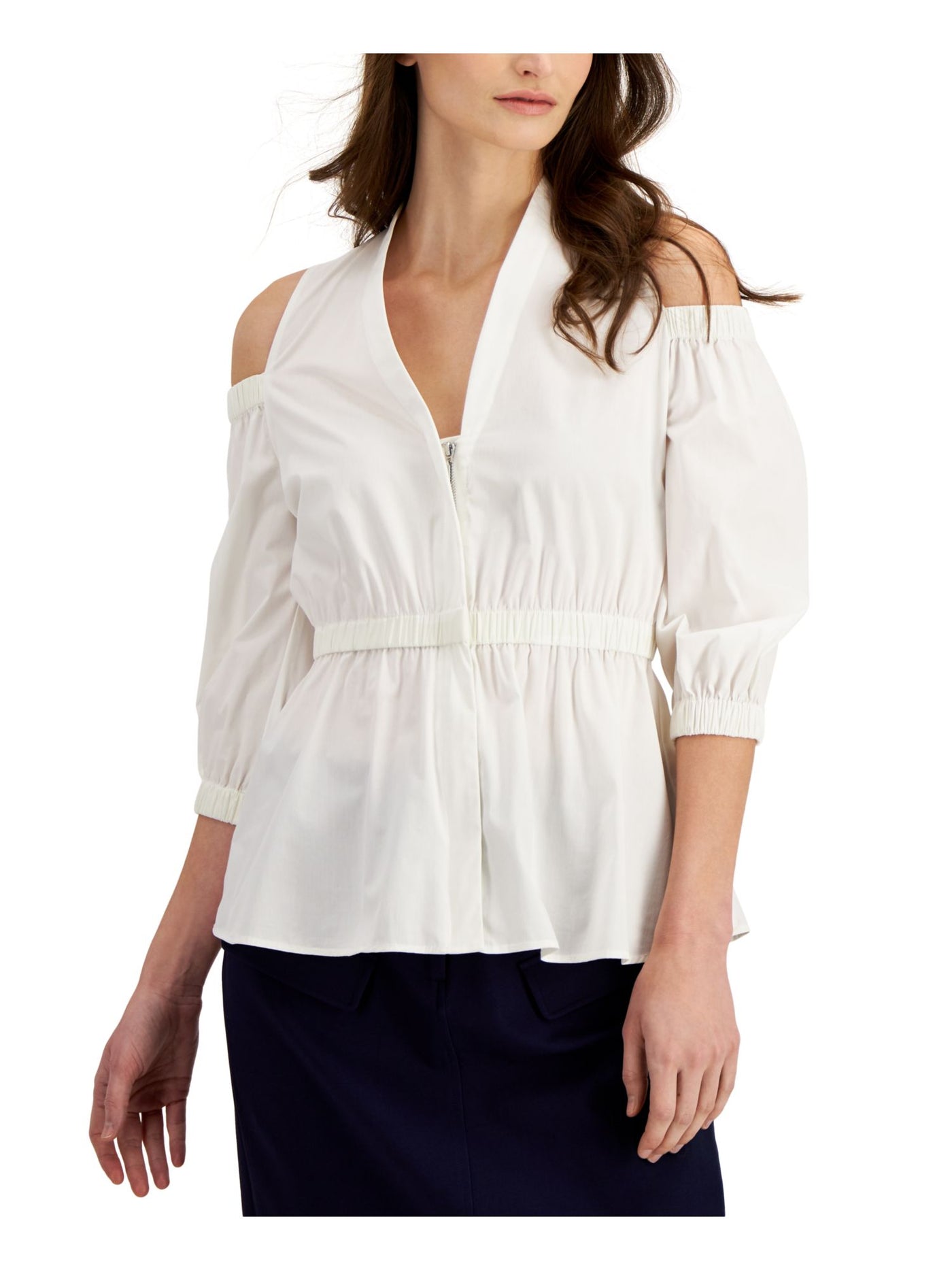 DONNA KARAN Womens White Cold Shoulder Sheer Unlined Pullover 3/4 Sleeve V Neck Peplum Top M