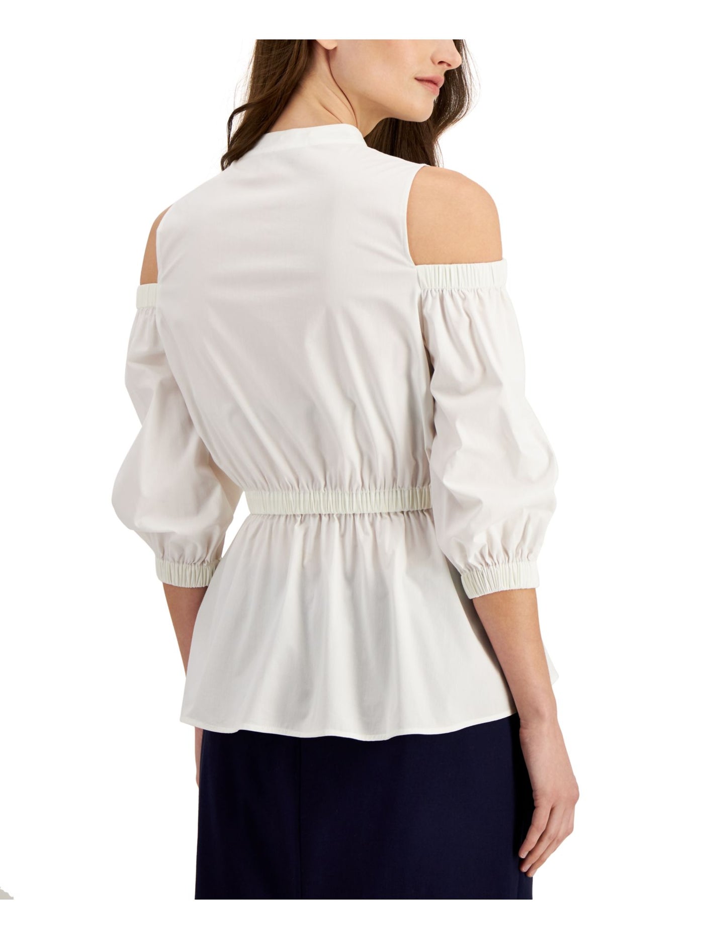 DONNA KARAN NEW YORK Womens White Cold Shoulder Sheer Unlined Pullover 3/4 Sleeve V Neck Peplum Top L