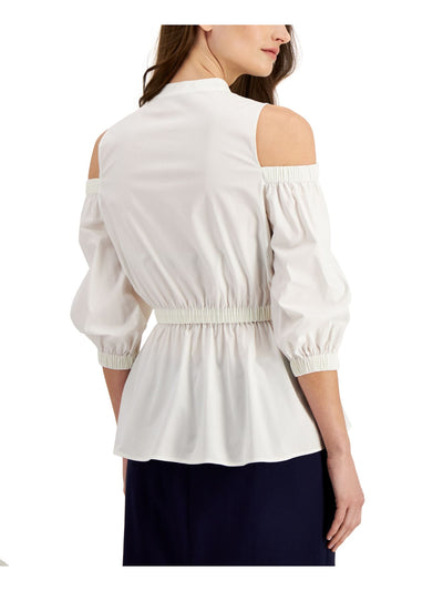 DONNA KARAN Womens White Cold Shoulder Sheer Unlined Pullover 3/4 Sleeve V Neck Peplum Top M