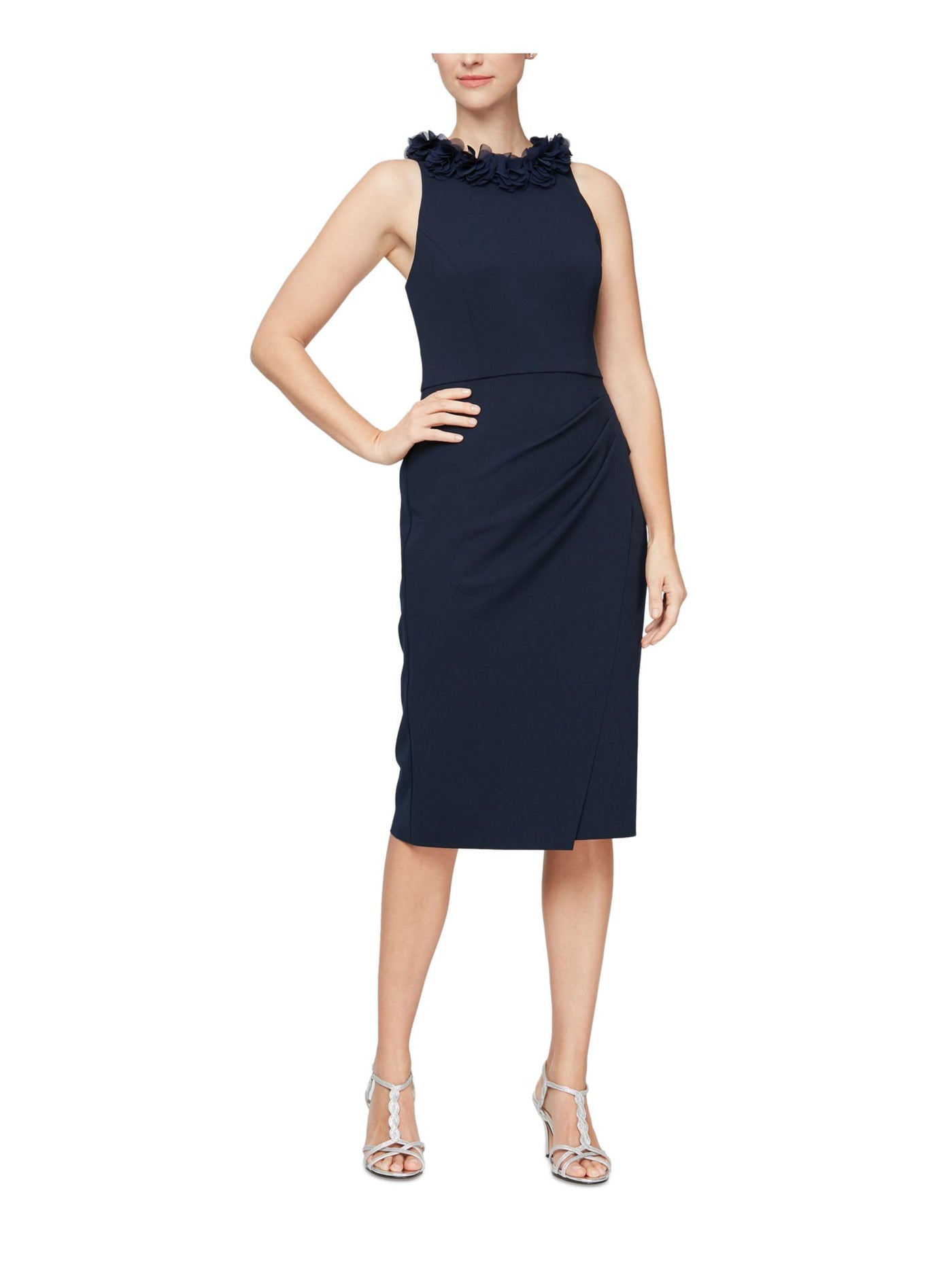 ALEX & EVE BY ALEX EVENINGS Womens Navy Zippered Pleated Wrap Look Lined Bodice Sleeveless Round Neck Below The Knee Evening Sheath Dress 14