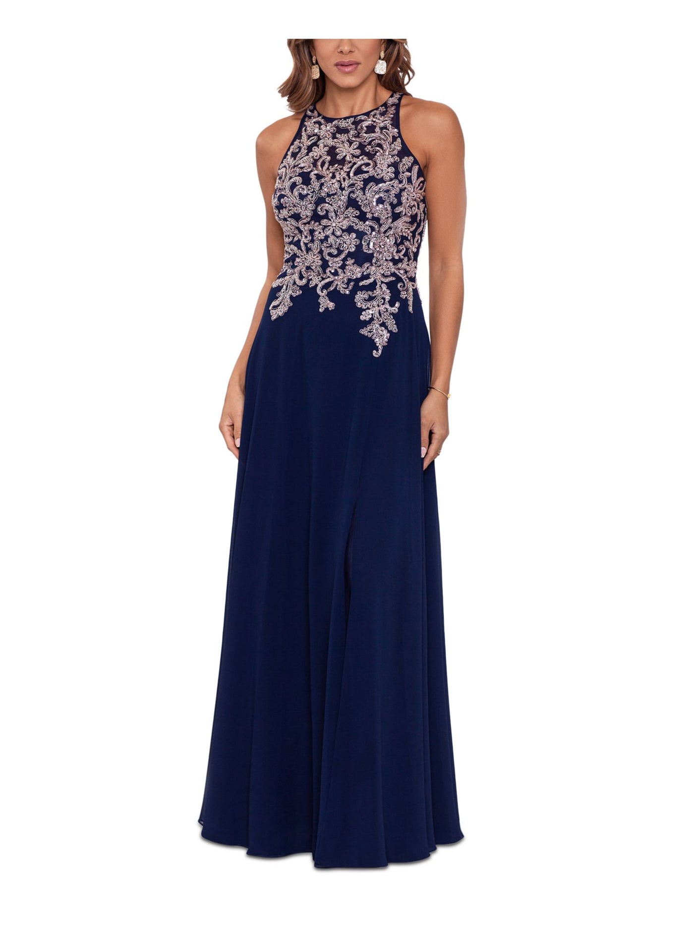 BETSY & ADAM Womens Navy Sequined Zippered Embroidered Lined Sleeveless Round Neck Full-Length Evening Gown Dress Petites 4P