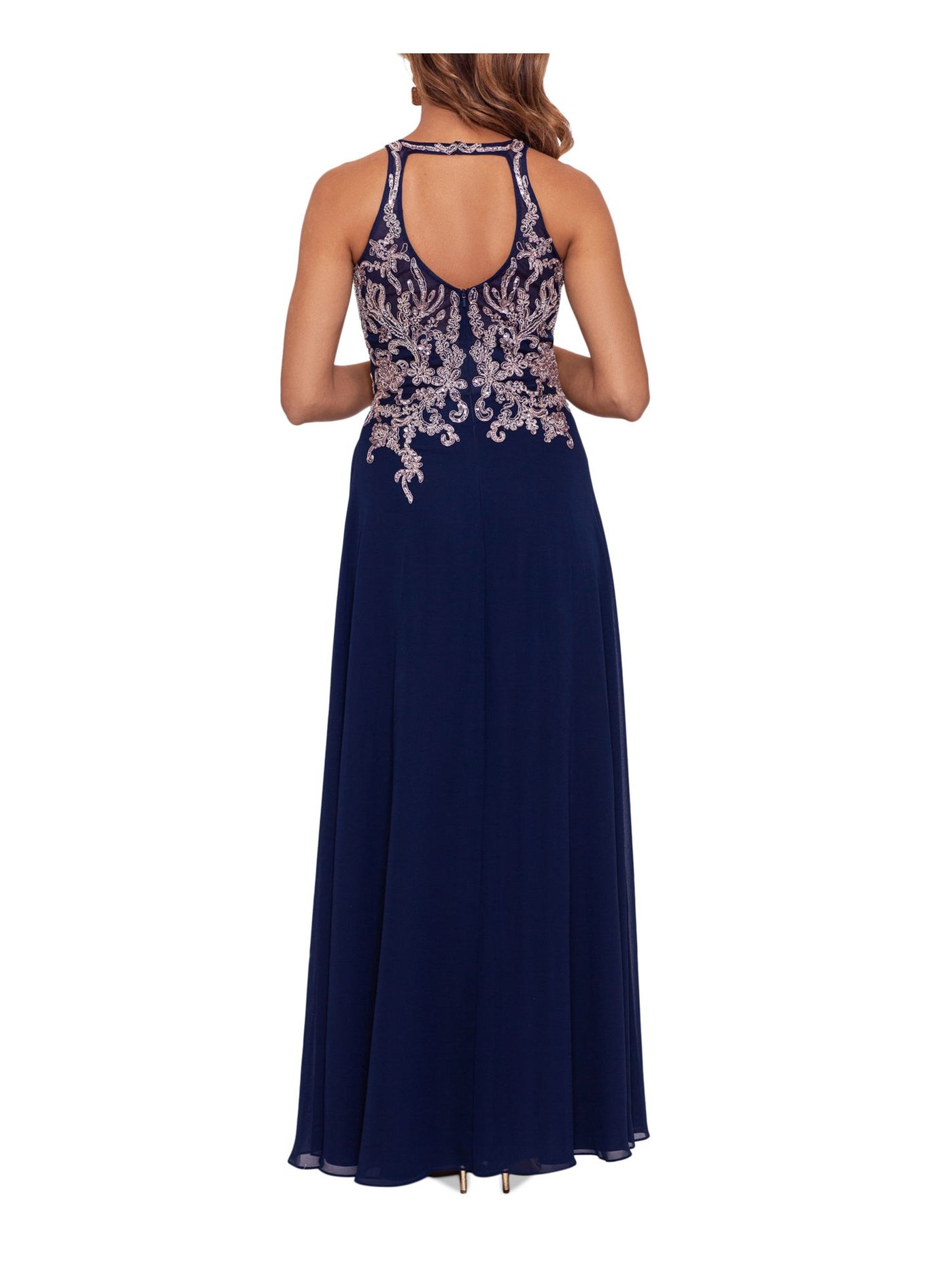 BETSY & ADAM Womens Navy Sequined Zippered Embroidered Lined Sleeveless Round Neck Full-Length Evening Gown Dress Petites 4P