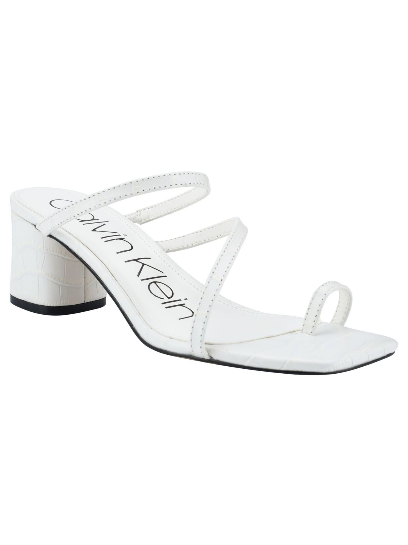 CALVIN KLEIN Womens White Toe Ring Asymmetrical Padded Belma Square Toe Block Heel Slip On Leather Dress Heeled Sandal 5.5 M