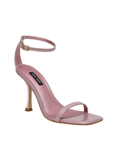 NINE WEST Womens Pink Padded Glitter Metallic Heel Adjustable Strap Ankle Strap Yess Square Toe Flare Buckle Dress Sandals Shoes 11 M