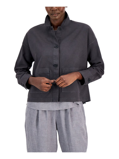 EILEEN FISHER Womens Gray Pocketed Boxy Fit Point Collar Button Down Jacket Petites PM