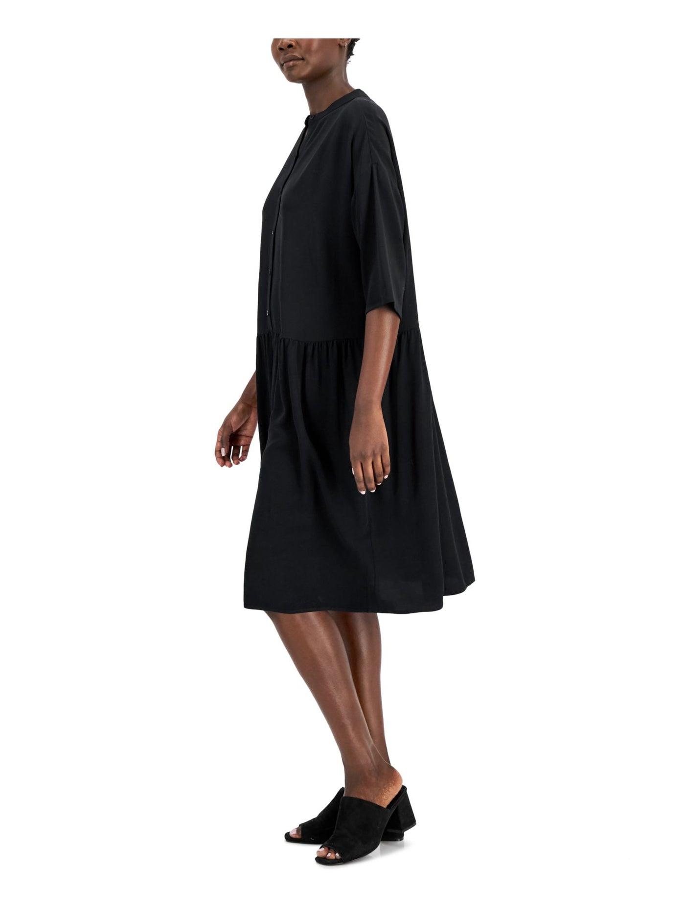 EILEEN FISHER Womens Black Unlined Gathered Button Front Elbow Sleeve Mandarin Collar Below The Knee Shift Dress Plus 1X