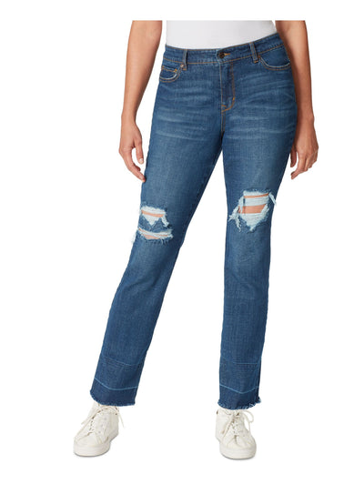 GLORIA VANDERBILT Womens Blue Denim Distressed Pocketed Zippered Raw Hem Slimming Straight leg Jeans 14