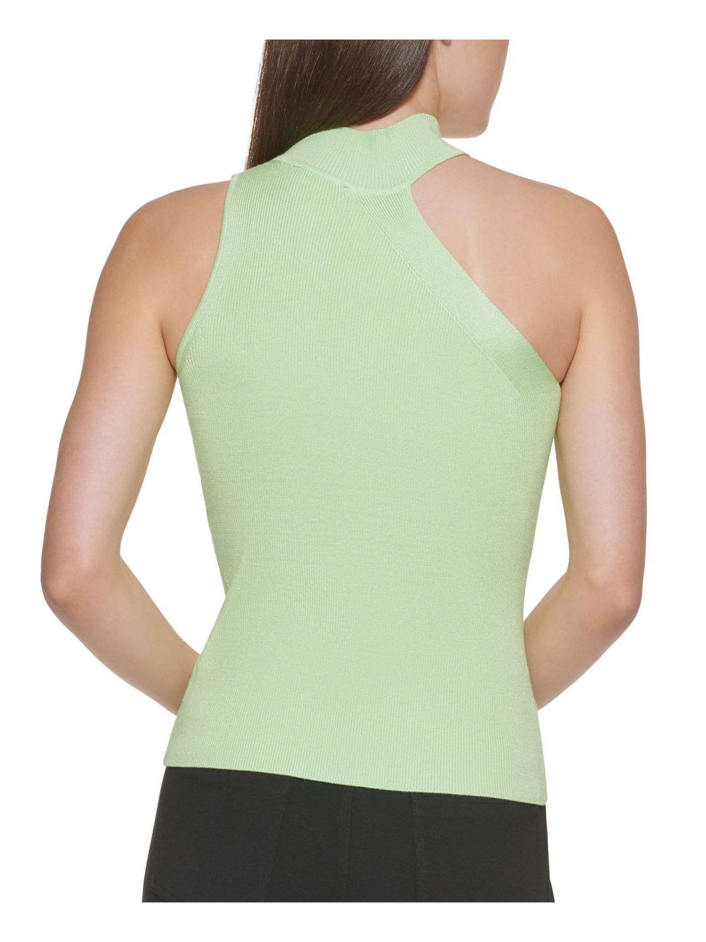 DKNY Womens Green Ribbed Asymmetrical Pullover Logo Plate Sleeveless Mock Neck Sweater L