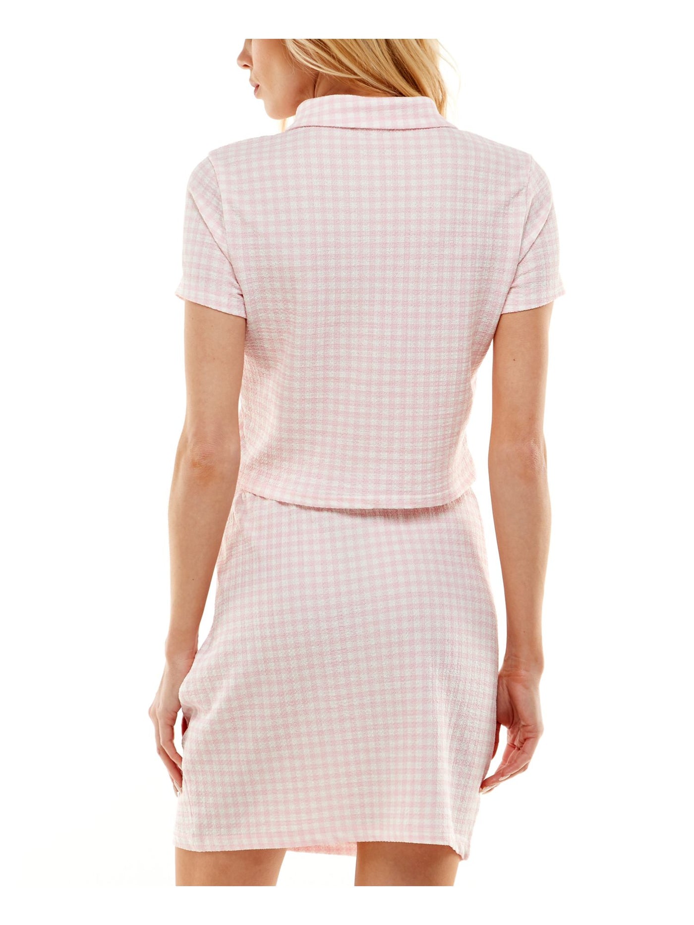 ULTRA FLIRT Womens Pink Stretch Textured Short Length Button Up Slitted Printed Short Sleeve Point Collar Above The Knee Party Body Con Dress M