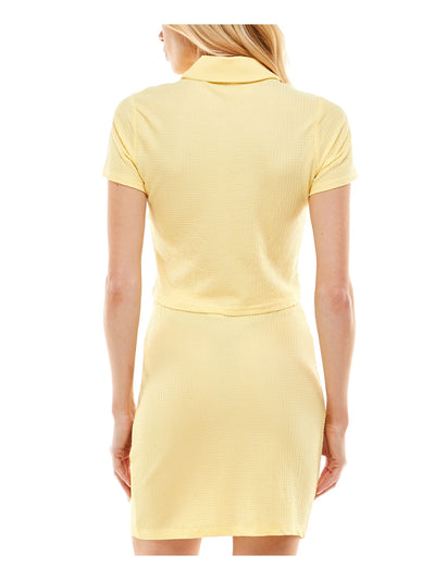 ULTRA FLIRT Womens Yellow Stretch Textured Short Sleeve Point Collar Above The Knee Party Body Con Dress L