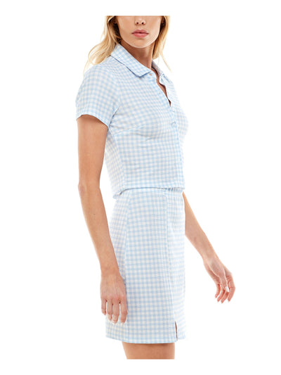 ULTRA FLIRT Womens White Stretch Textured Short Length Button Up Elastic Waist Slitted Printed Short Sleeve Point Collar Above The Knee Party Body Con Dress M