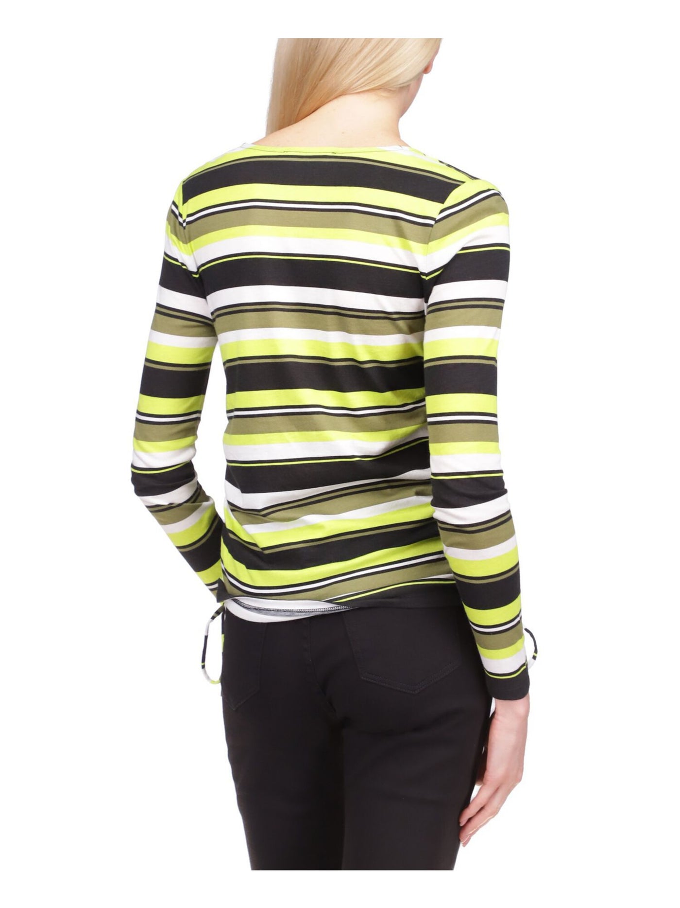 MICHAEL KORS Womens Green Ruched Tie Pullover Striped Long Sleeve V Neck Top M