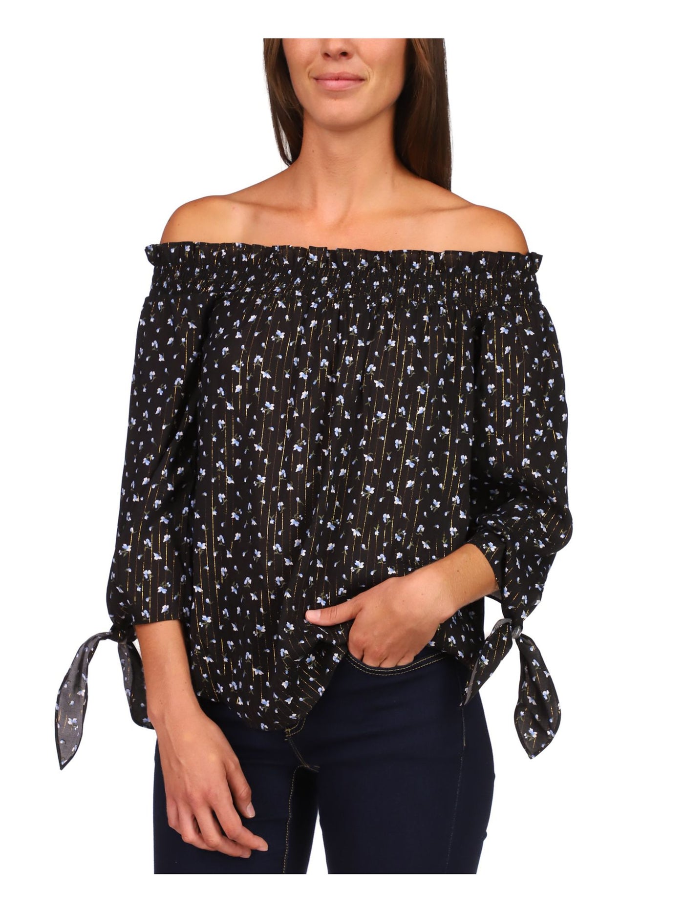 MICHAEL MICHAEL KORS Womens Black Smocked Bracelet Sleeve Tie Cuffs Floral Off Shoulder Top Petites P\XL