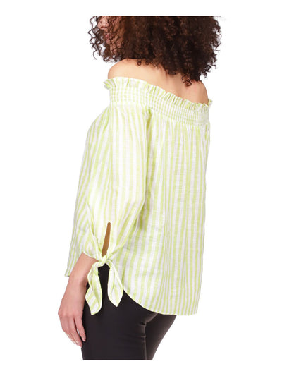 MICHAEL MICHAEL KORS Womens Green Textured Tie Striped 3/4 Sleeve Off Shoulder Top Petites P\S