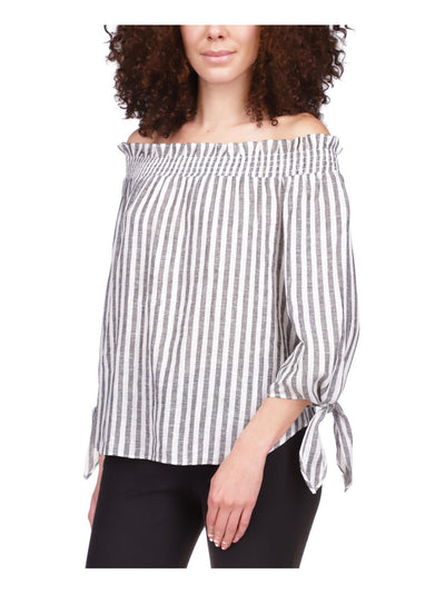 MICHAEL MICHAEL KORS Womens White Tie Smocked Striped 3/4 Sleeve Off Shoulder Wear To Work Top XL