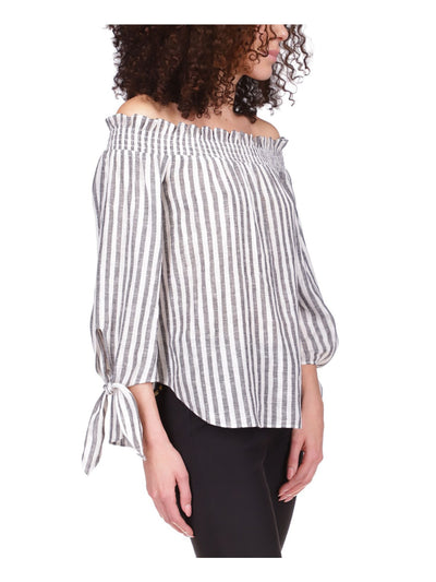 MICHAEL MICHAEL KORS Womens White Tie Smocked Striped 3/4 Sleeve Off Shoulder Wear To Work Top XL