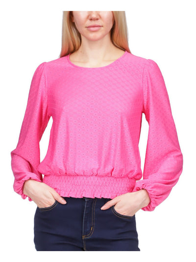 MICHAEL KORS Womens Pink Eyelet Smocked Elastic Cuffs Long Sleeve Scoop Neck Top L