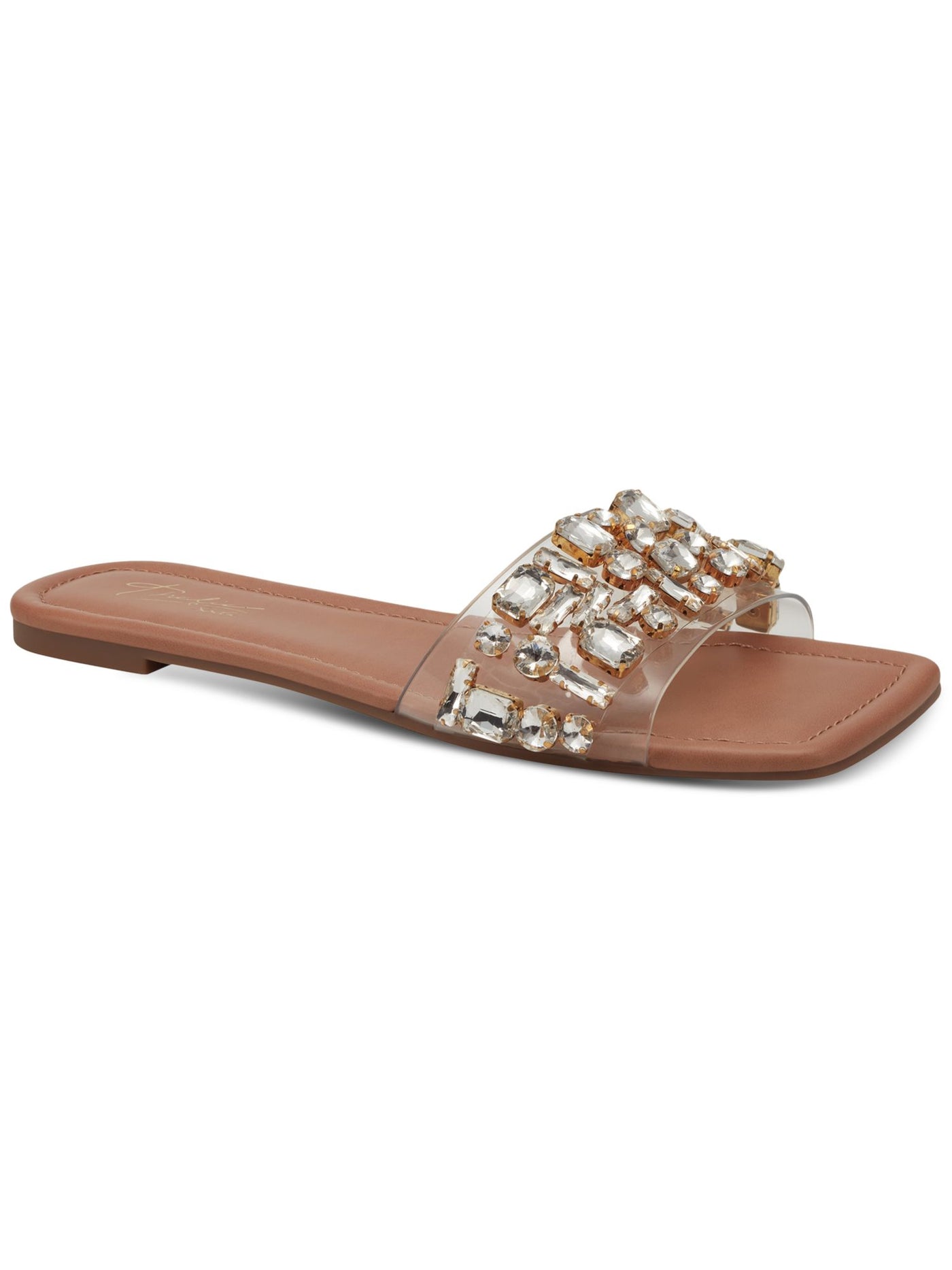 THALIA SODI Womens Clear Transparent Padded Gem Accent Jillene Square Toe Slip On Slide Sandals Shoes 6 M