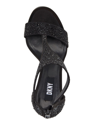 DKNY Womens Black 1" Platform Padded Stretch Strap T-Strap Rhinestone Dris Round Toe Stiletto Zip-Up Dress Heeled Sandal 11