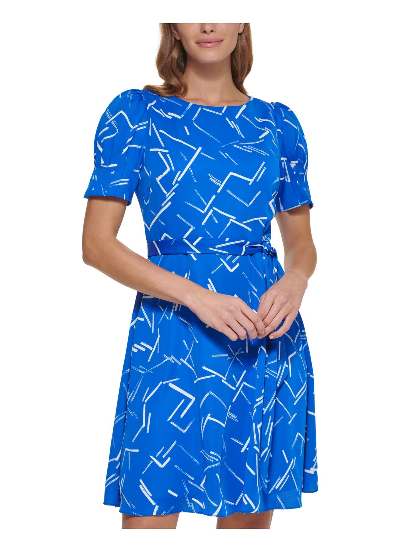 DKNY Womens Blue Zippered Puff Sleeve Tie Waist Printed Round Neck Above The Knee Evening Fit + Flare Dress 14