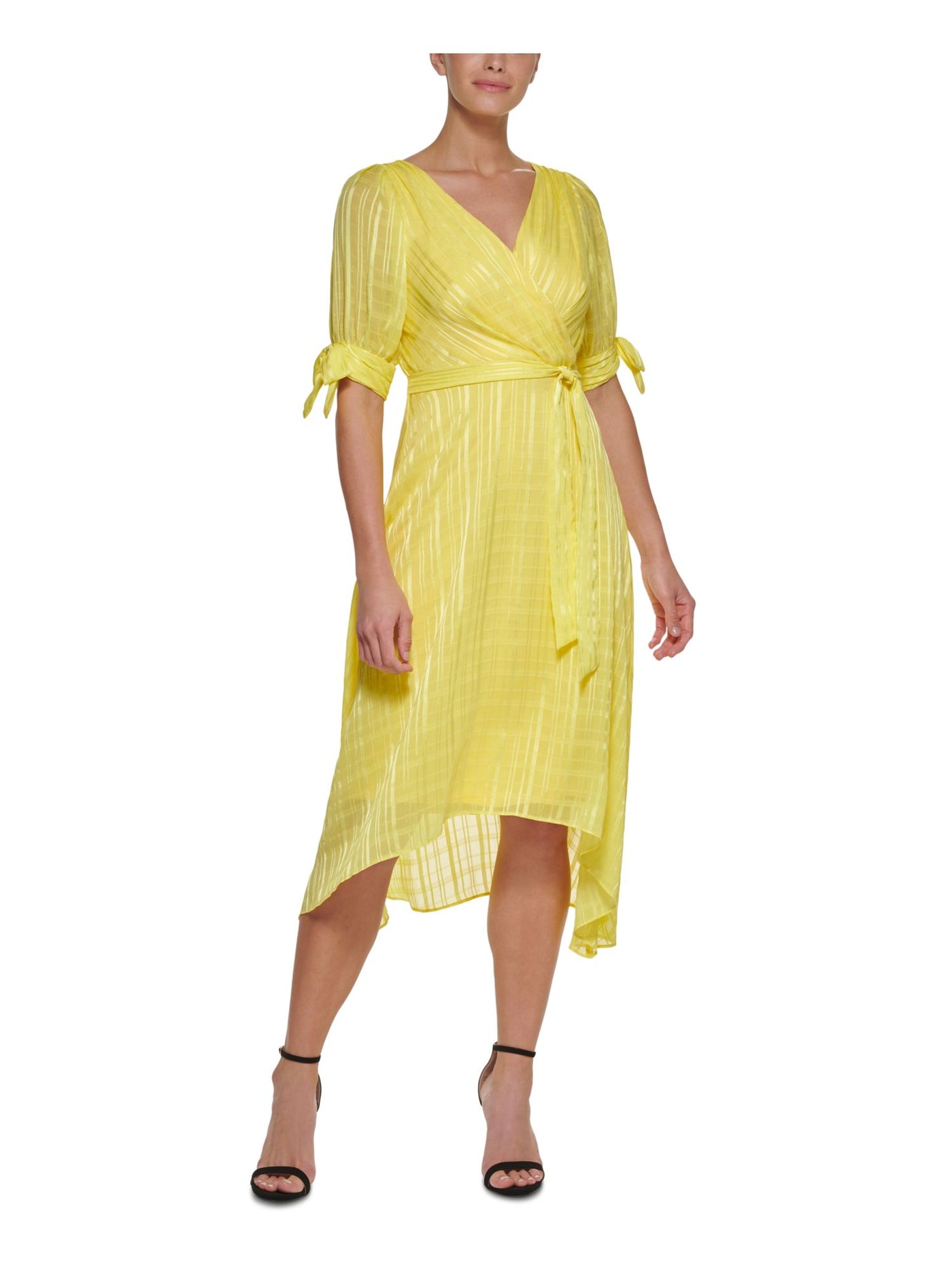 DKNY Womens Yellow Zippered Tie Hi-lo Hem Lined Short Sleeve Surplice Neckline Midi Wear To Work Faux Wrap Dress 8