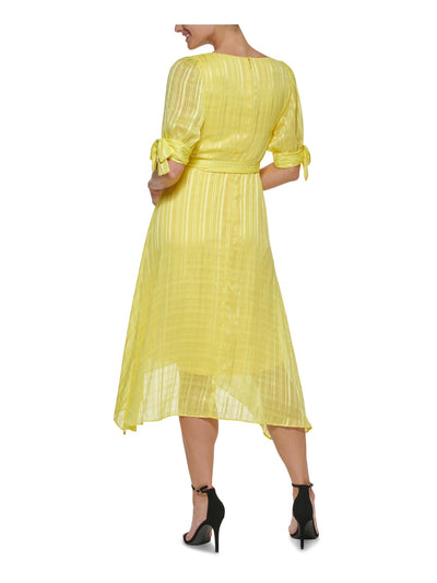 DKNY Womens Yellow Zippered Tie Hi-lo Hem Lined Short Sleeve Surplice Neckline Midi Wear To Work Faux Wrap Dress 2