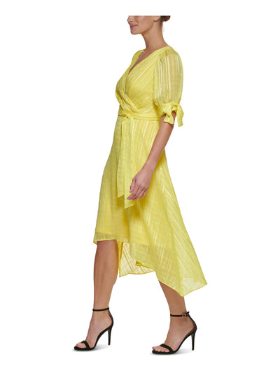 DKNY Womens Yellow Zippered Tie Hi-lo Hem Lined Short Sleeve Surplice Neckline Midi Wear To Work Faux Wrap Dress 2