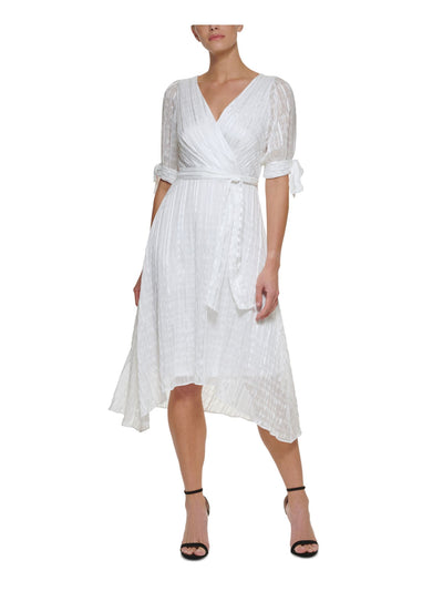 DKNY Womens Ivory Zippered Tie Hi-lo Hem Lined Short Sleeve Surplice Neckline Midi Party Faux Wrap Dress 6